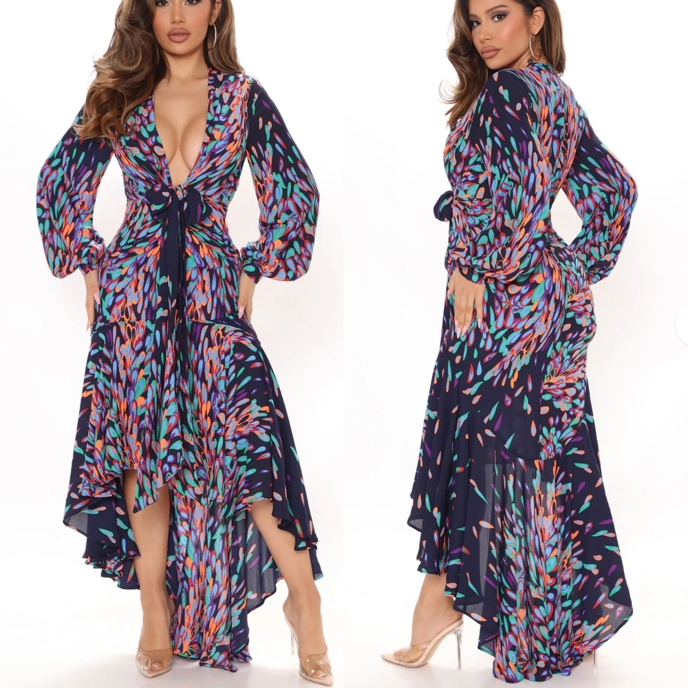 NWT Fashion Nova Plunging V-neck Tie Front Multicolor High Low Hem Maxi Dress L